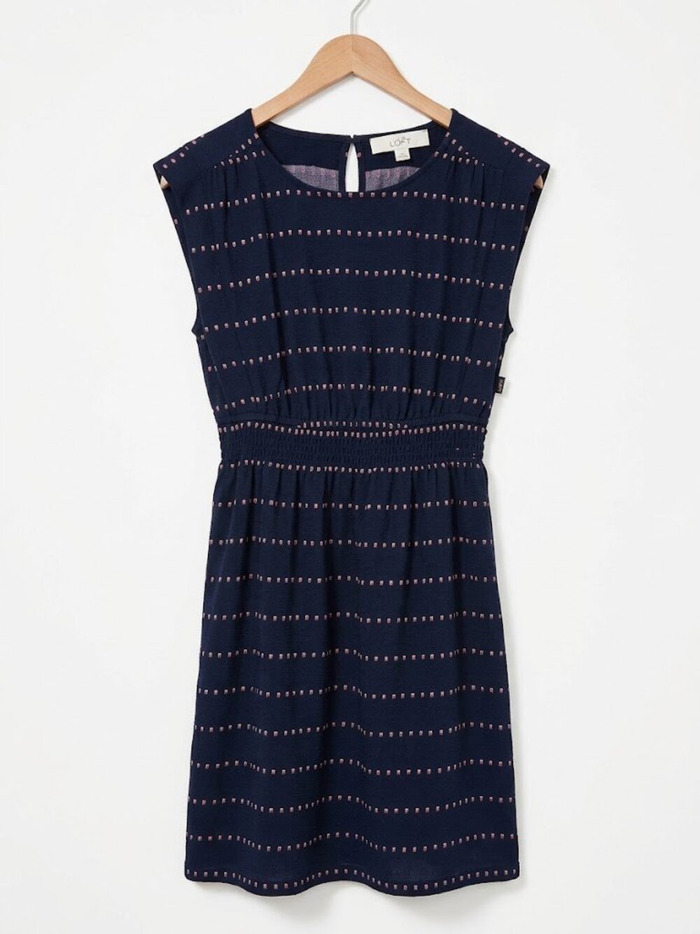 LOFT Navy Blue Knit Dress, Pink Dot Rows, Smocked Waist, S